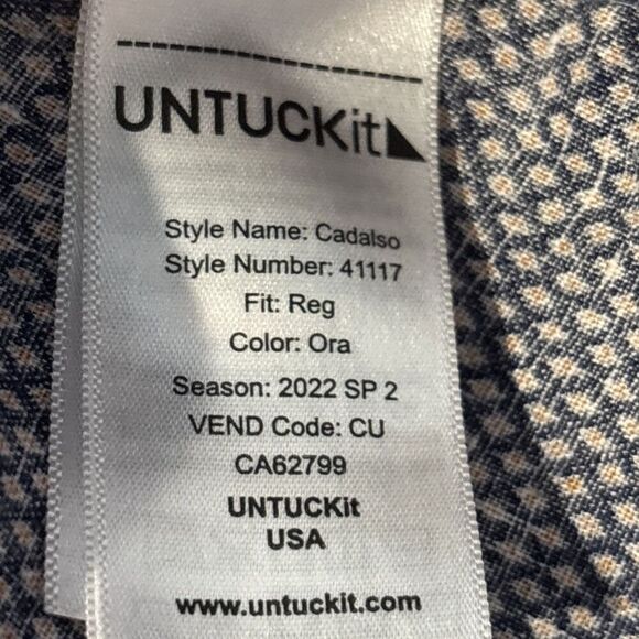 Untuckit Cadalso Button Up Short Sleeve Shirt 100% Linen Geometric Navy Size XL - Picture 4 of 16
